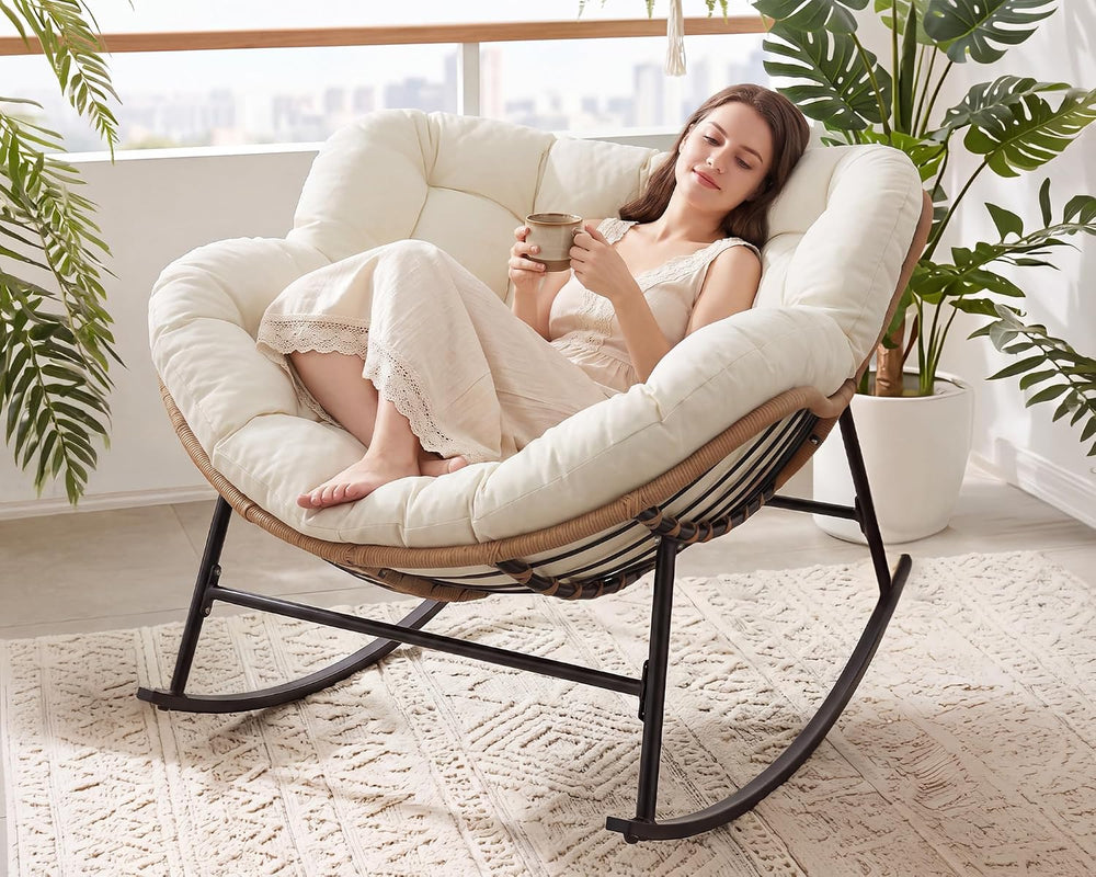 FINCATI Outdoor Indoor Papasan Rocking Chair, Oversized Rattan Lounge Chair