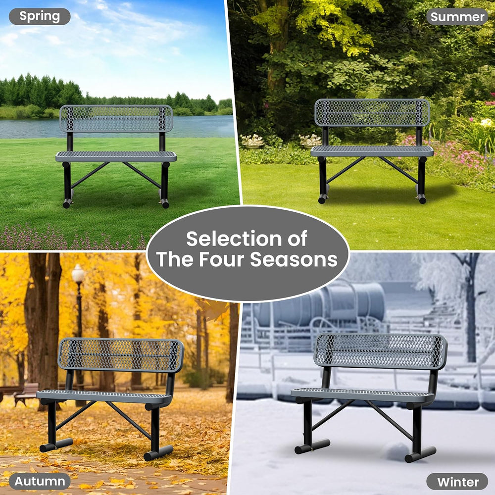 4ft Gray Metal Park Bench with Backrest, Heavy Duty Outdoor Benches Weatherpr...