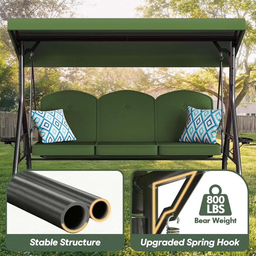 ZZW 3 Seat Outdoor Porch Patio Swing with Stand 800lbs 2-in-1 Convertible Swi...