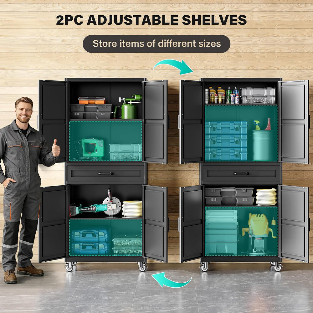 Black Metal Storage Cabinet with Wheels and Drawer,Rolling Garage Cabinet wit...