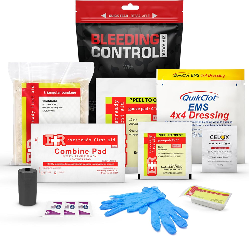Bleeding Control Zip Pack with QuikClot, Celox, Gauze Pads, Triangular Bandag...