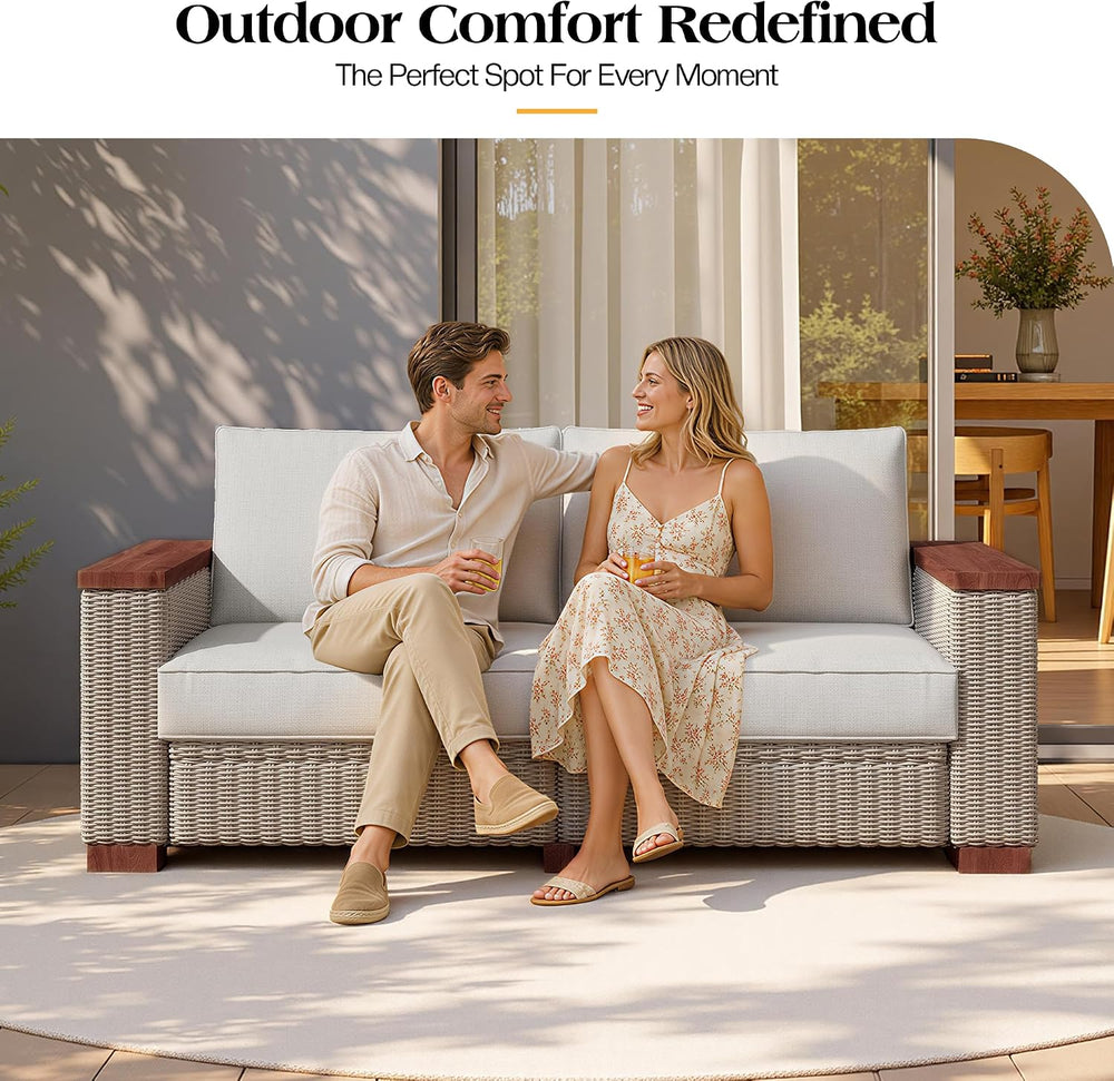 PaPaJet Outdoor Loveseat Patio Sofa, Wicker Couch with Solid Armrests & L...