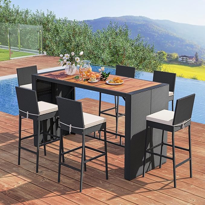 COSTWAY 7 PCS Patio Rattan Wicker Bar Set, 30'' Bar Height Chairs wit...