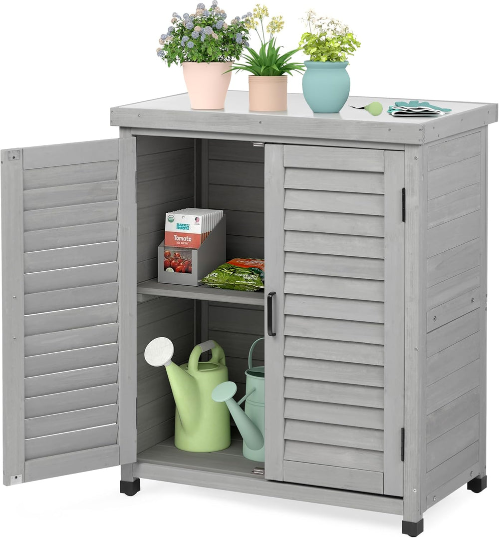 Outdoor Storage Cabinet & Potting Bench Table with Metal Top, Wooden Pati...