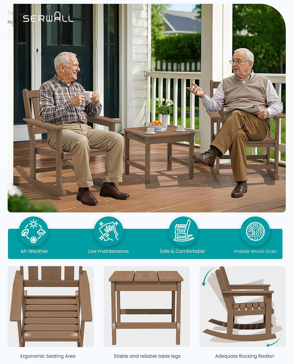SERWALL 3-Piece Patio Furniture Set with 2 Rocking Chairs & Table, Brown