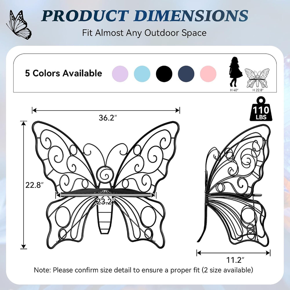 36 Inch Small Butterfly Bench, Cute Metal Outdoor Benches, Black