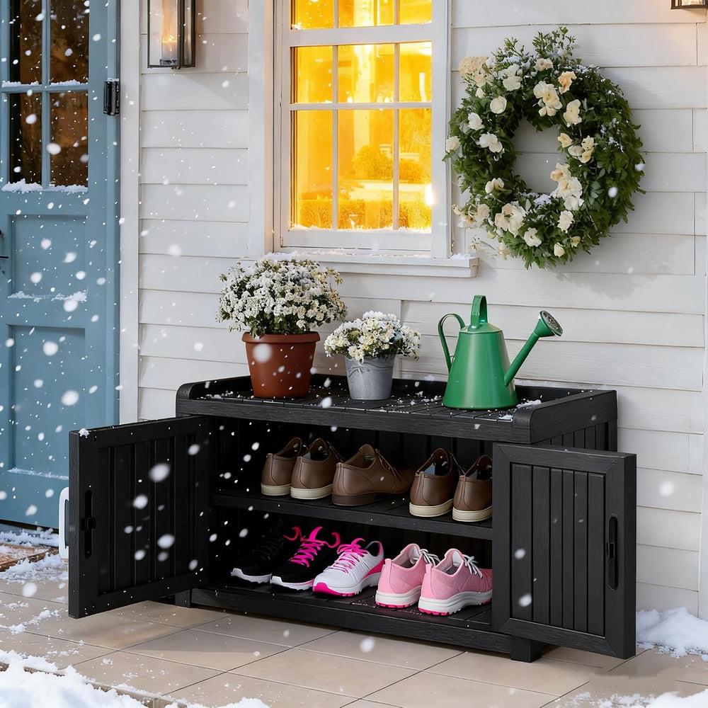 Bifanuo Shoe Storage Cabinet, 2-Door Outdoor Storage Bench with Adjustable Sh...