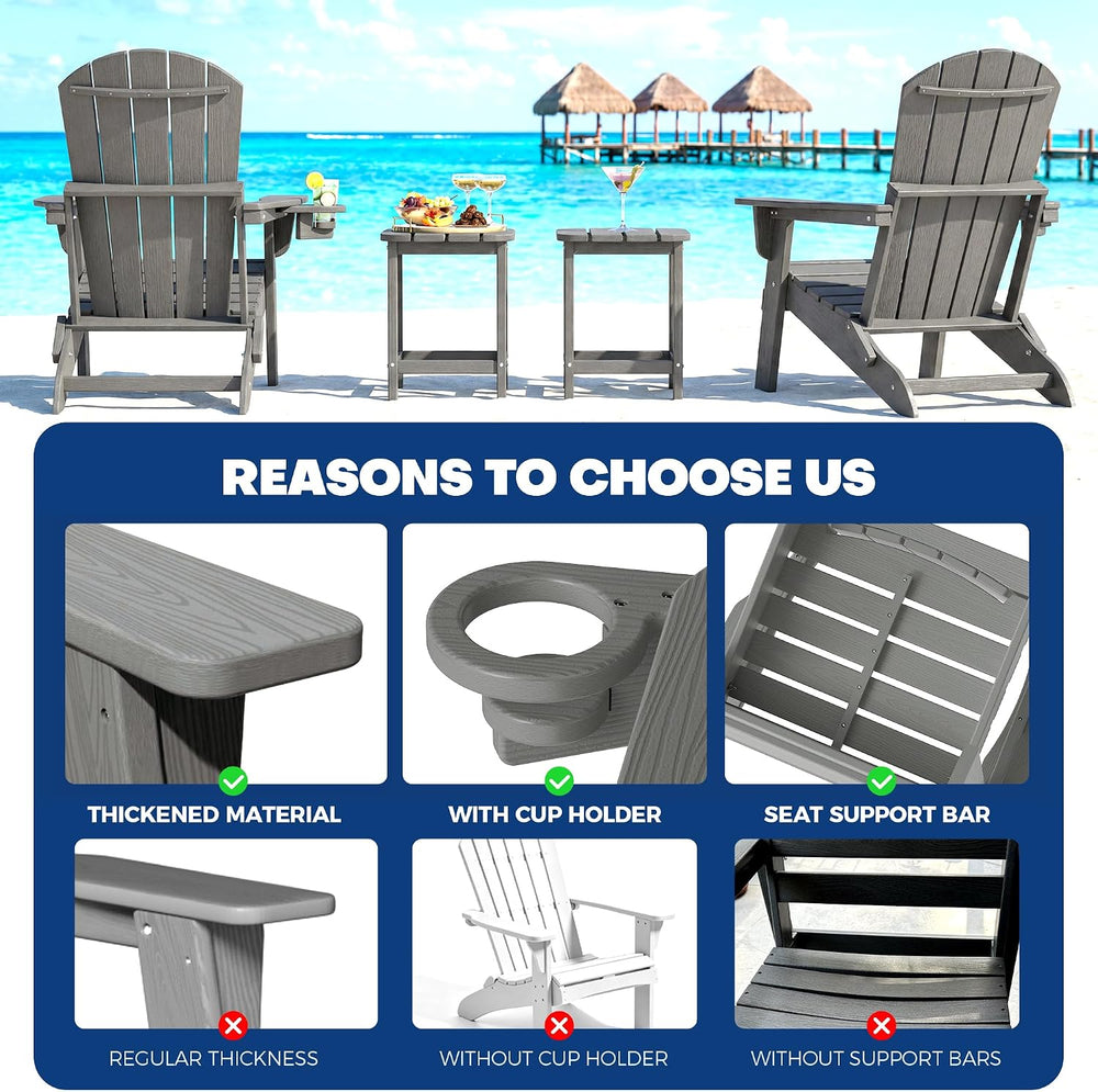 HDPE Folding Adirondack Chair with Cup Holders, Grey