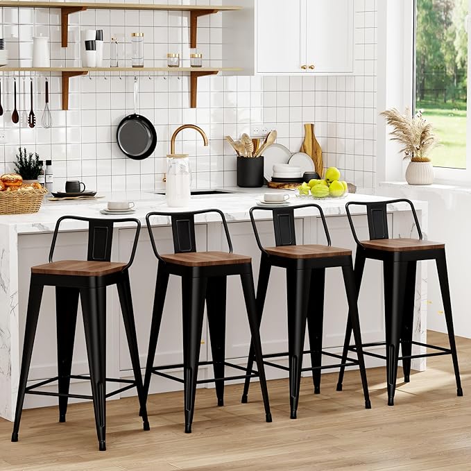 WENTMENT Metal Bar Stools Set of 4 Counter Height Barstools with Removable Ba...