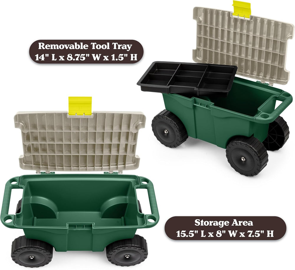 Rolling Garden Cart with Seat - Plastic Storage with Bench and Interior Tool ...