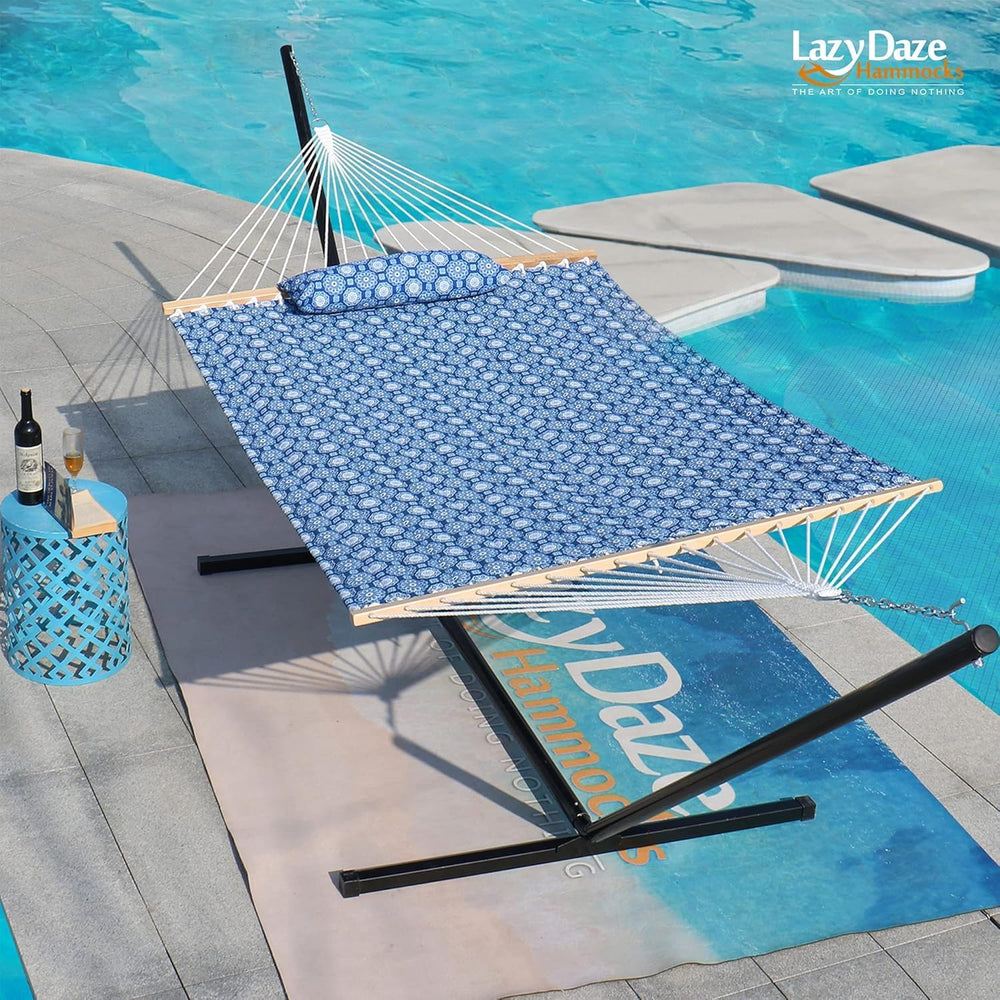 Lazy Daze 12FT Double Quilted Hammock for Outside with Pillow, Blue Floral