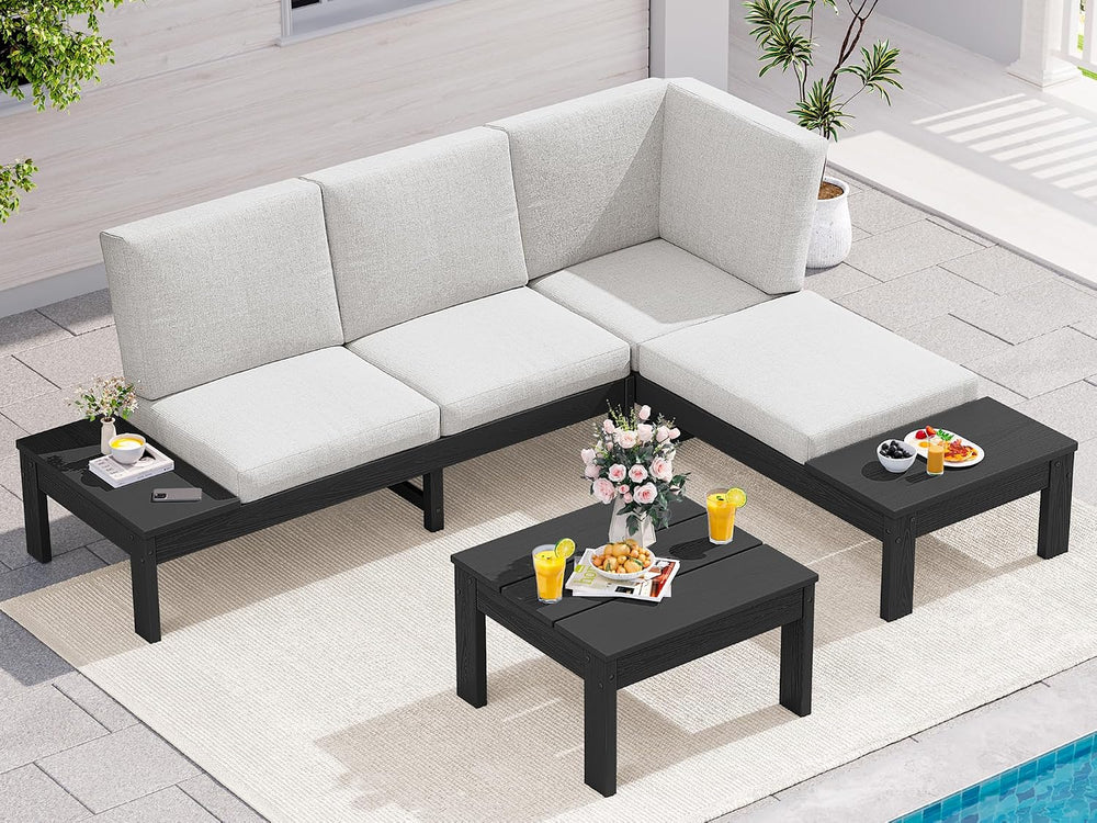 SERWALL HDPE Outdoor Furniture Set, 4 Seats Outdoor Sectional with Coffee Tab...