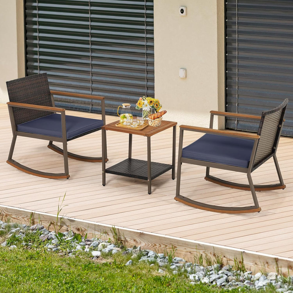 COSTWAY 3 Pieces Patio Rocking Bistro Set, Outdoor Wicker Acacia Wood Sets