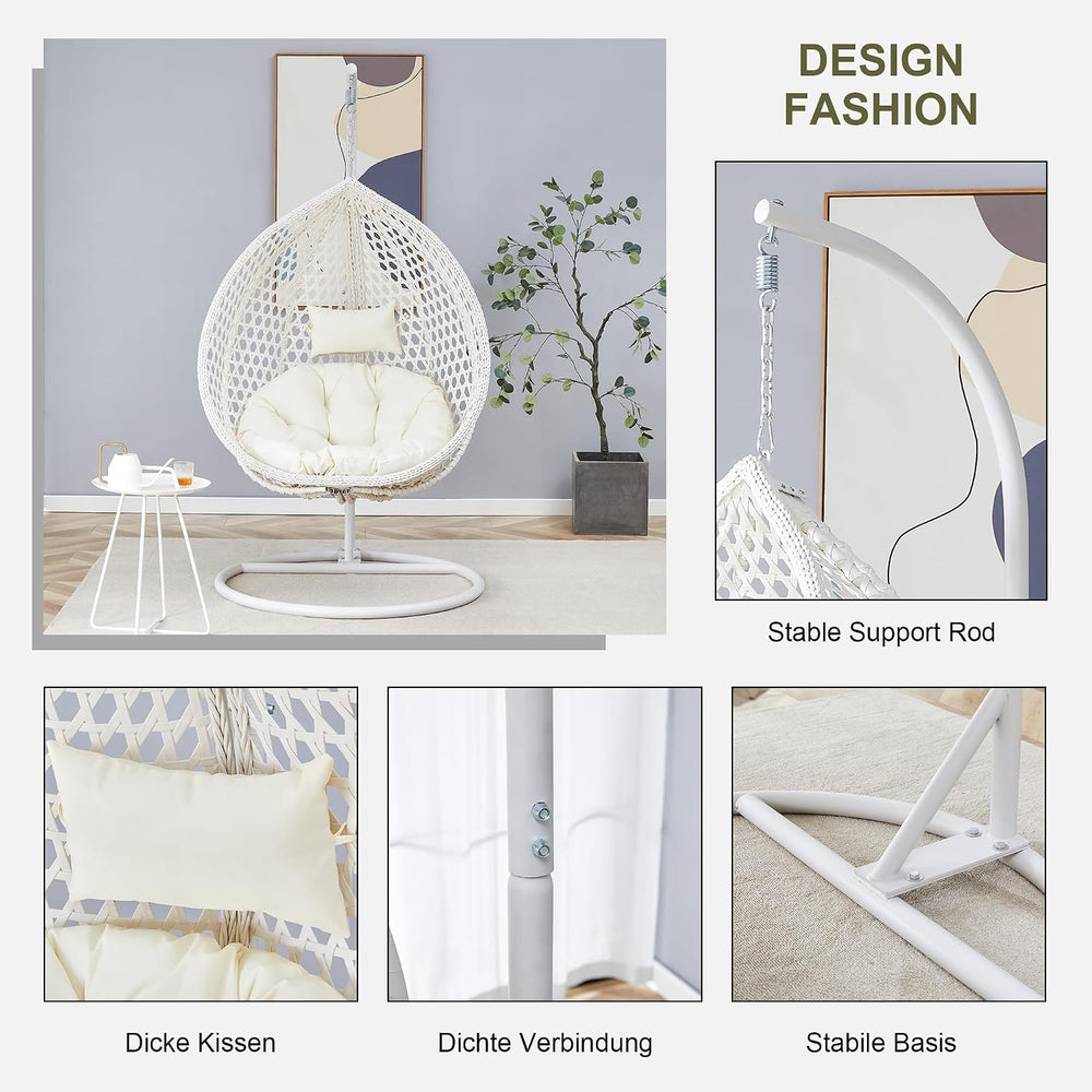 JUFU Egg Swing Chair with Stand, Hanging Egg Chair, White, Modern, Indoor/Out...