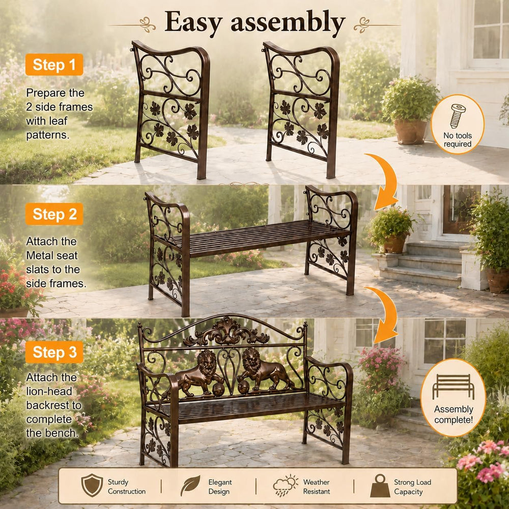 44.5" Outdoor Garden Bench, Heavy-Duty Metal Frame Patio Park Bench with...