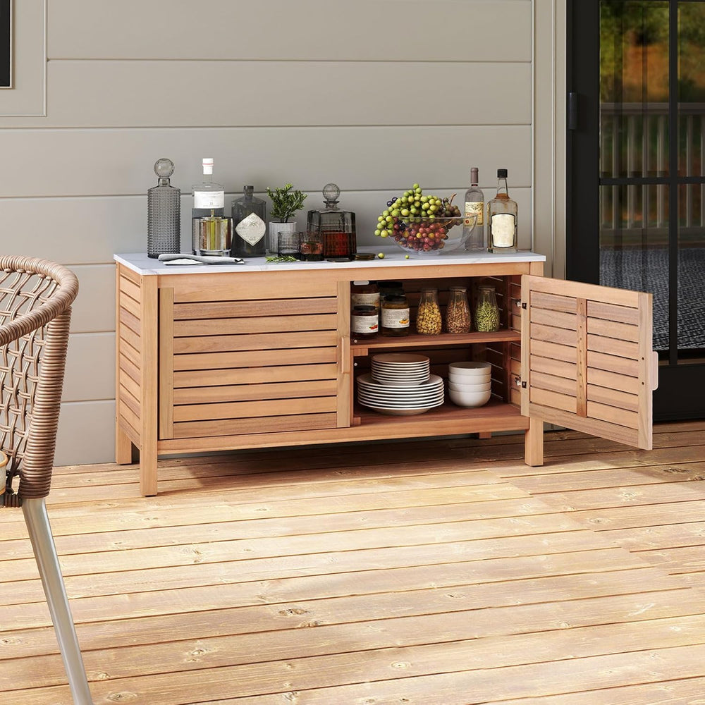 Goplus Patio Storage Cabinet, 2-Door Acacia Wood Console Table with Faux Marb...