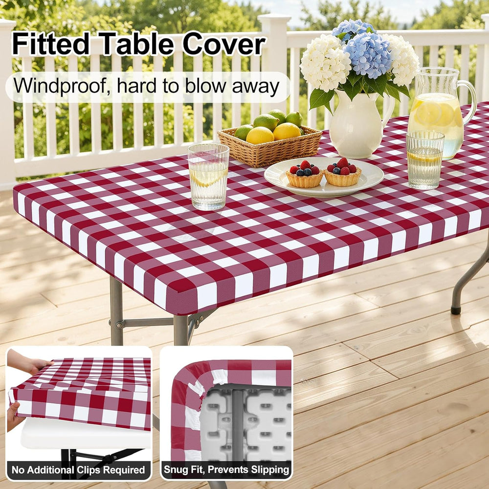 Smiry 8 Foot Picnic Table Cloth, Flannel Backed Fitted Vinyl tablecloths