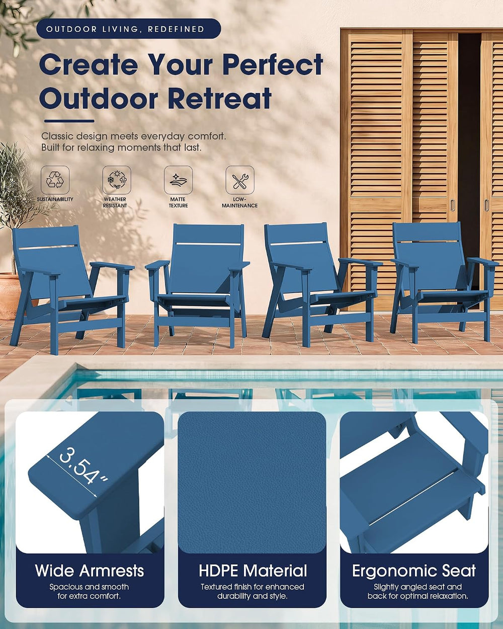 KINGYES Modern Adirondack Chair Set of 2, Slateless Design, Navy