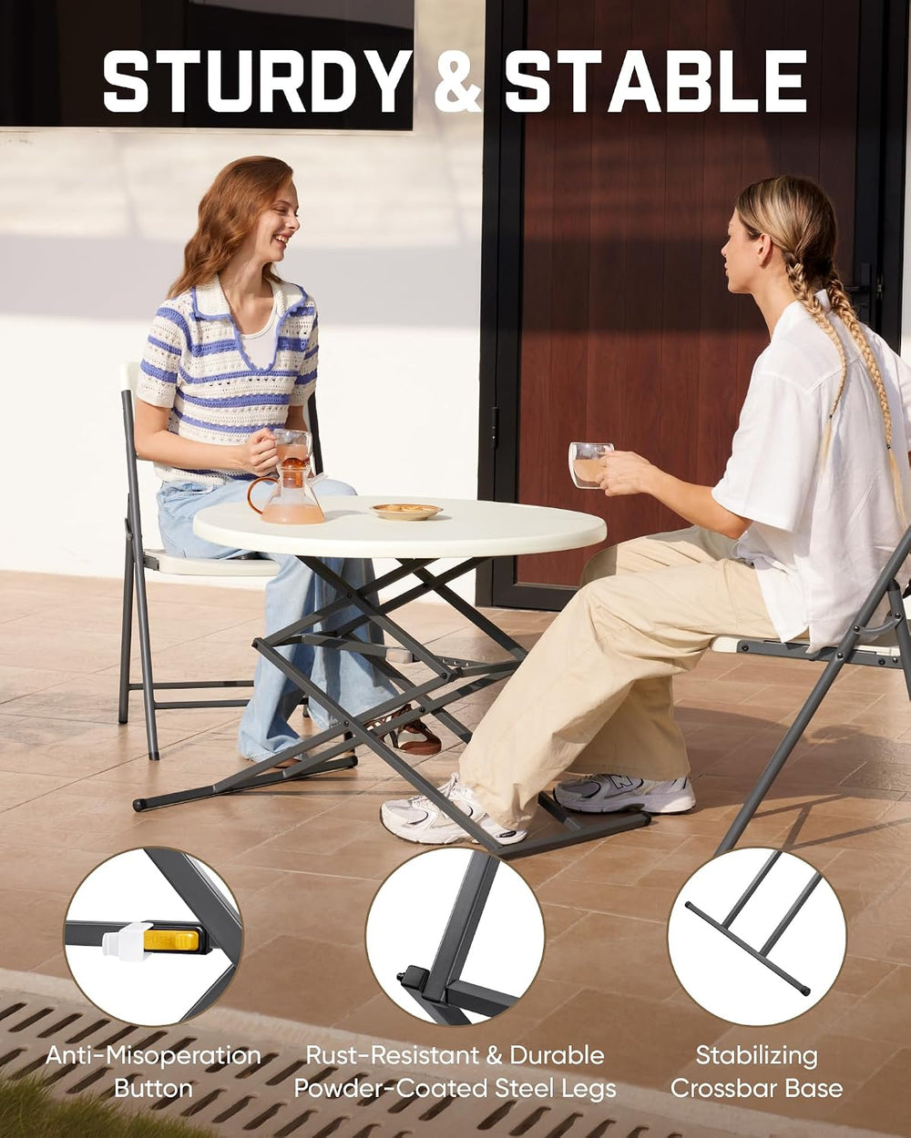 FanttikOutdoor Folding Table Round 32" Quick Adjust 4 Heights Party, Patio