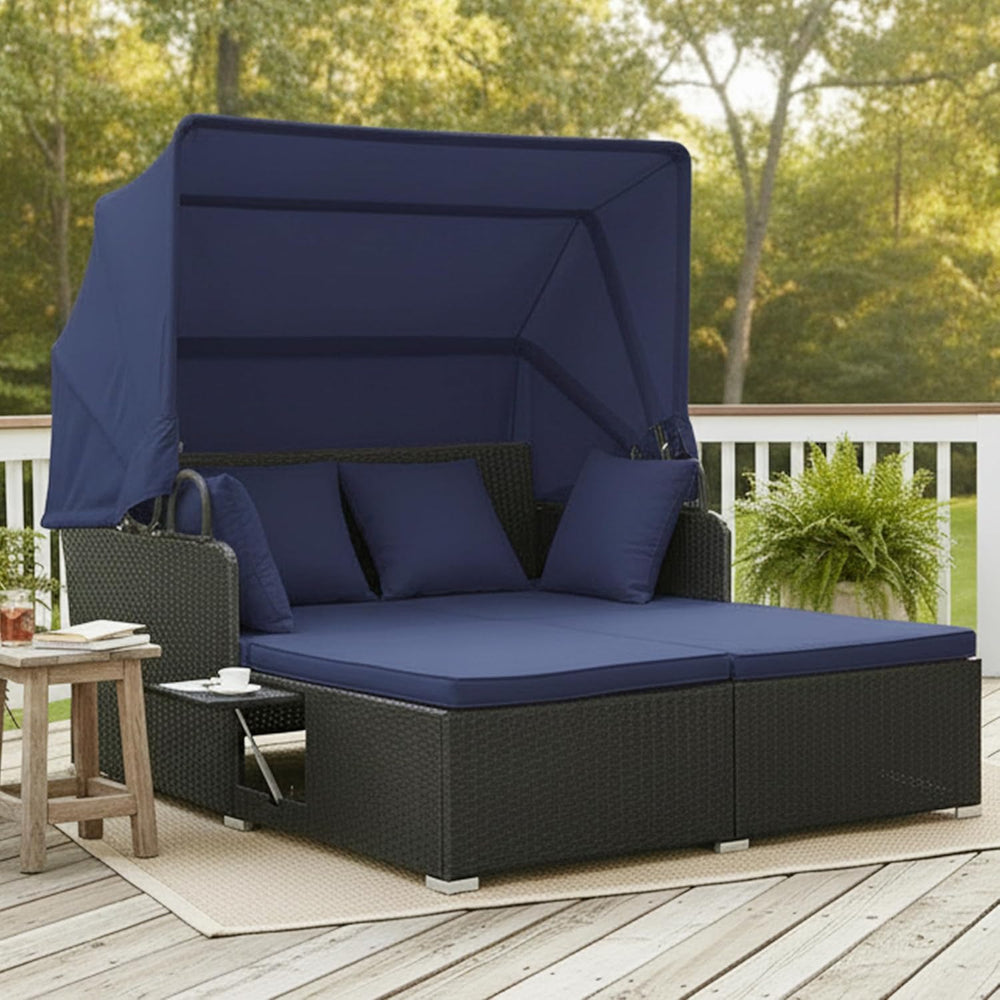 Tangkula Patio Rattan Daybed with Retractable Canopy, Outdoor Wicker Sunbed L...