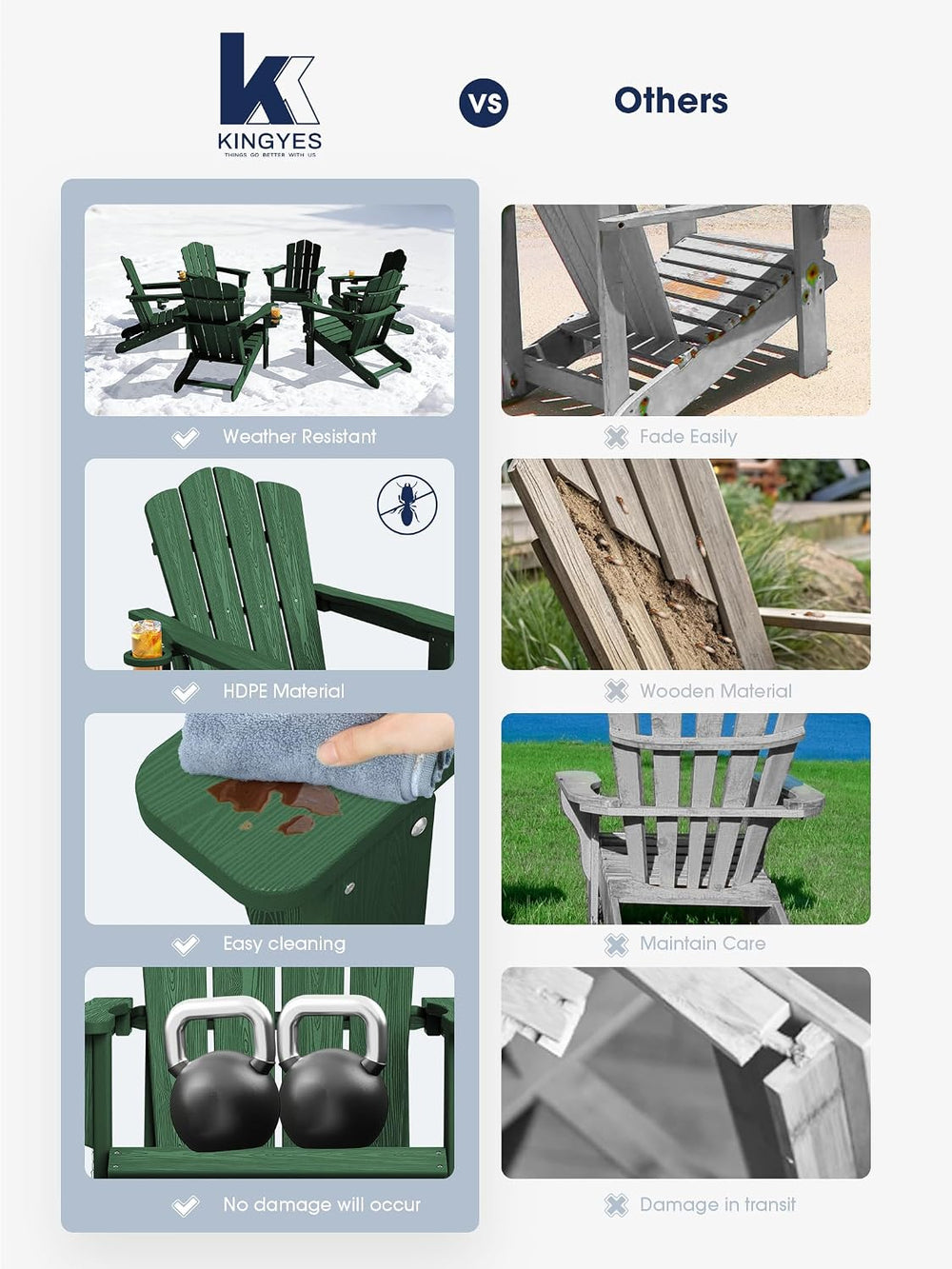 KINGYES Folding Adirondack Chair Set of 2 with Cup Holder, Green