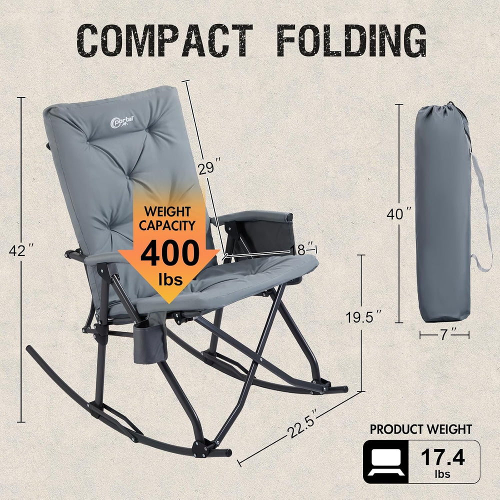 Portal Oversized Padded Folding Rocking Camping Chair Outdoor 400 LBS Gray