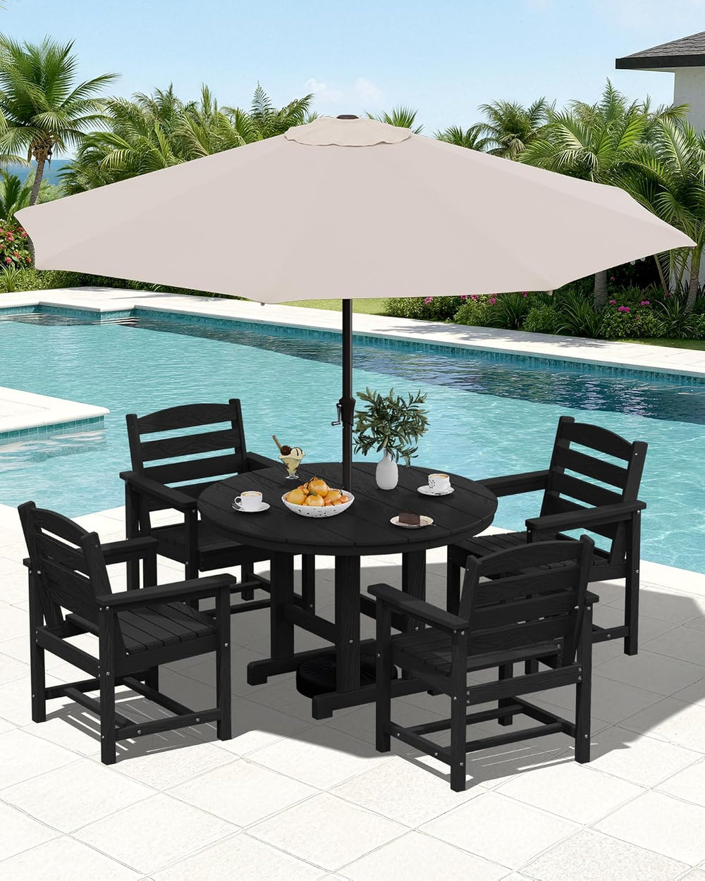 SERWALL 6-Pc Dining Set, 45" Table, 4 Chairs&9FT Umbrella, Black (No...