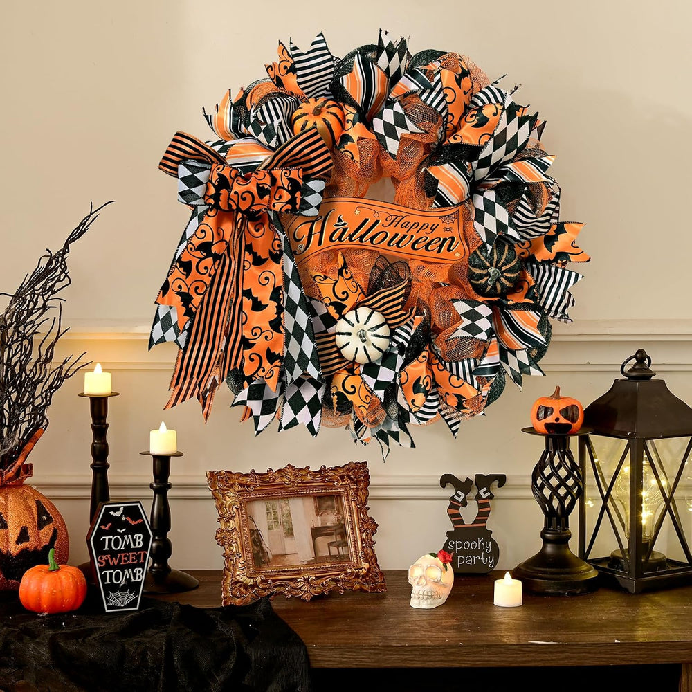 2 Pcs Halloween Wreaths for Front Door, Halloween Wreath with Ribbon Bow