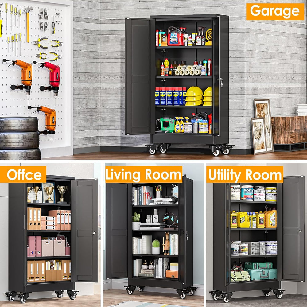 PAOFIN Metal Garage Storage Cabinet with Wheels,Steel File Cabinets with 2 Do...