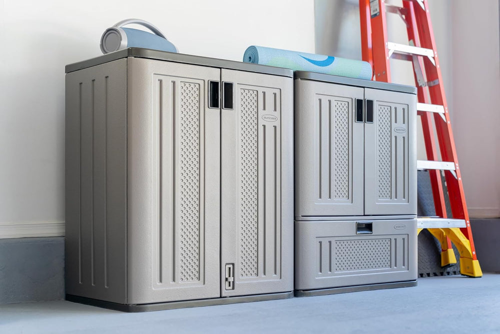 Suncast Base Storage Cabinet, Lockable Single-Drawer Organizer, Platinum