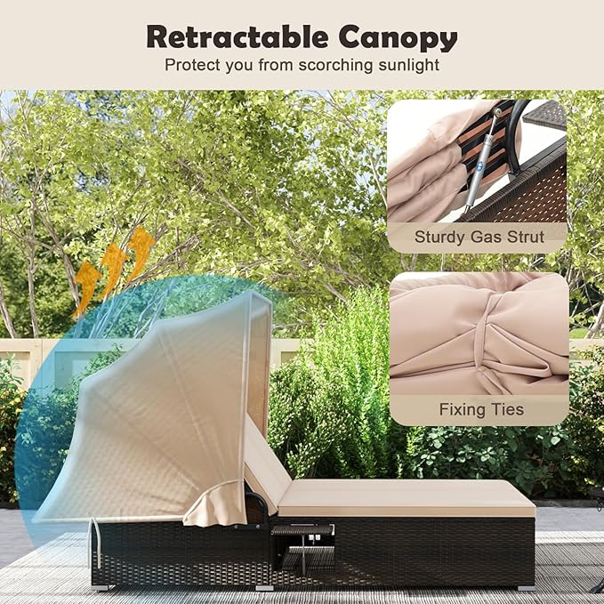 RELAX4LIFE Outdoor Daybed with Retractable Canopy - Wicker Double Chaise Loun...
