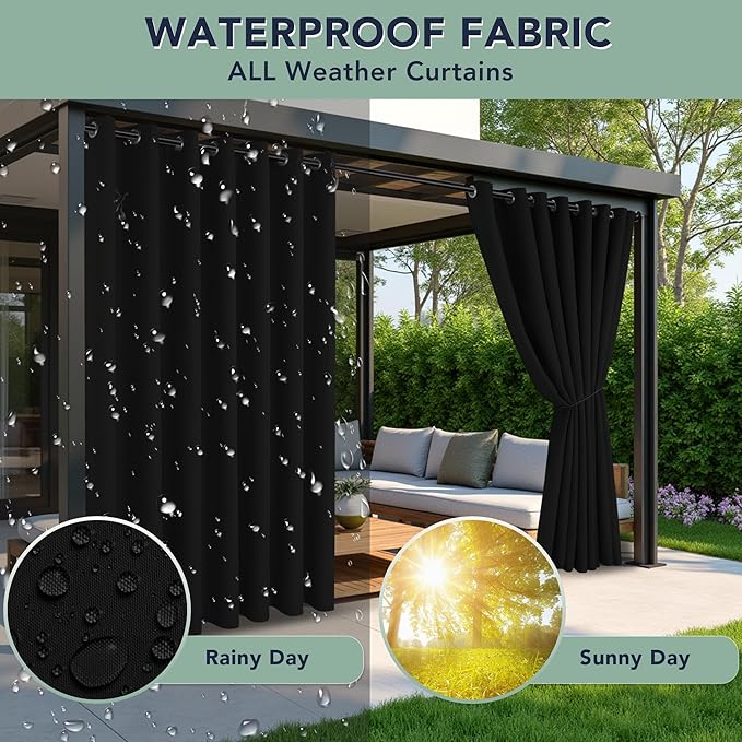 Black Outdoor Curtains for Patio Waterproof - 6 Panels Privacy Weatherproof O...