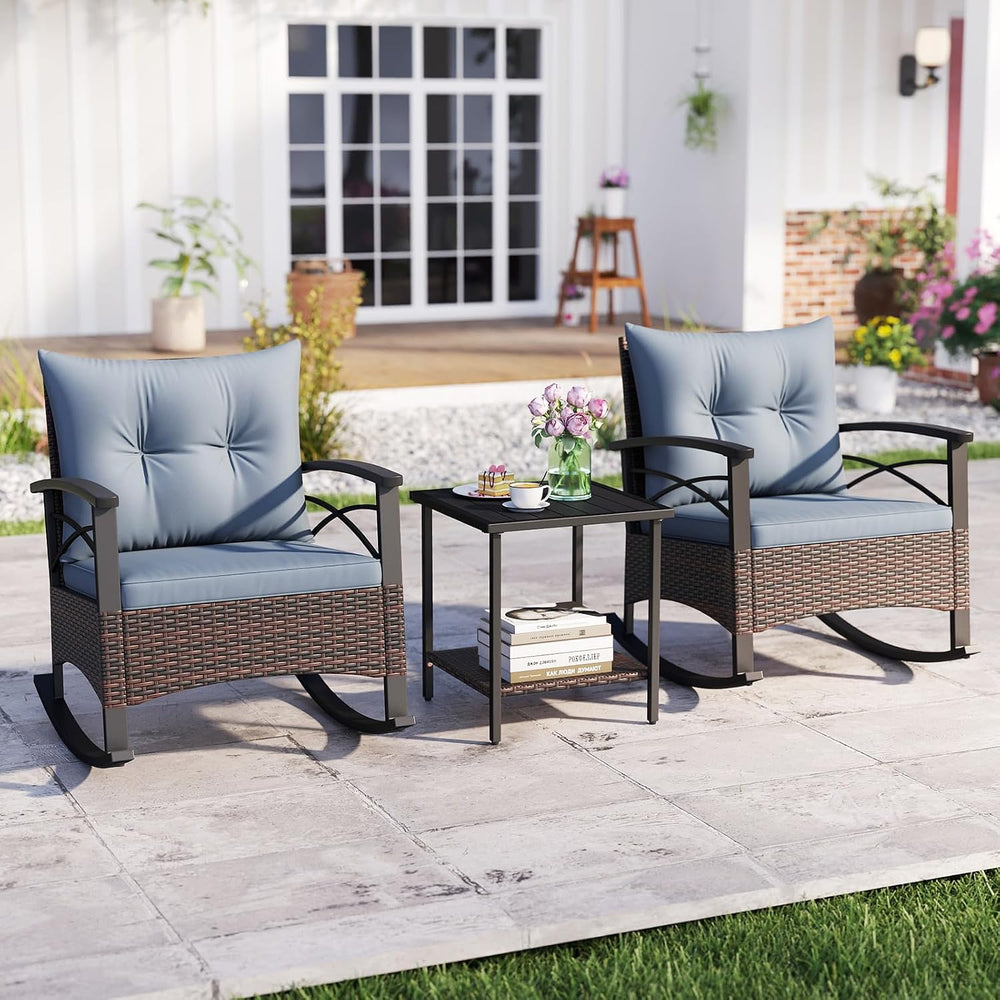 ORALNER 3-Piece Wicker Rocking Chair Set, Outdoor Cushioned Rocker and Acacia...