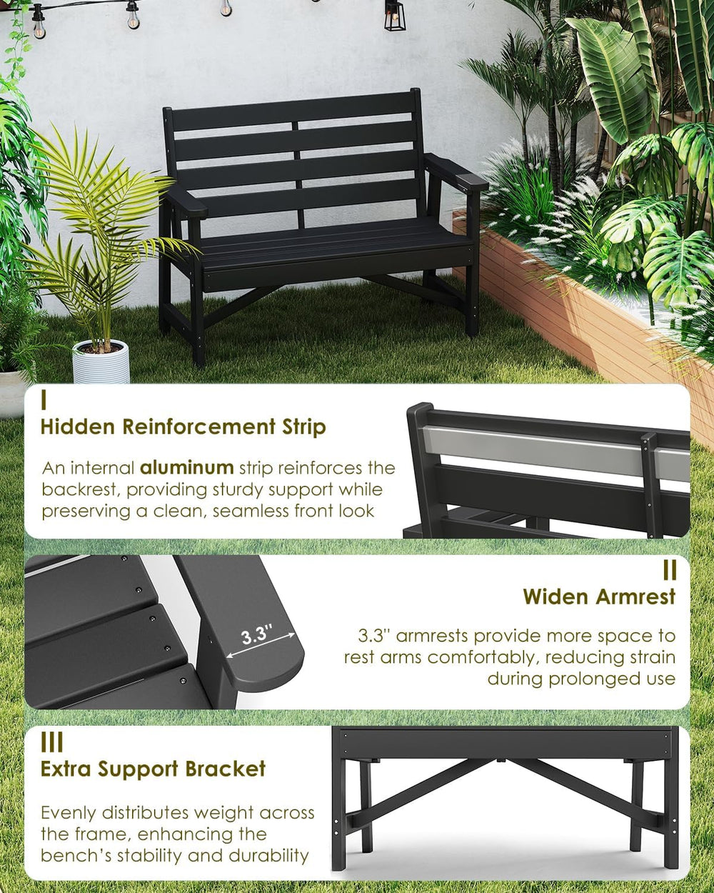 GREENVINES Outdoor Bench, 2-Person HDPE Garden Benches, Black