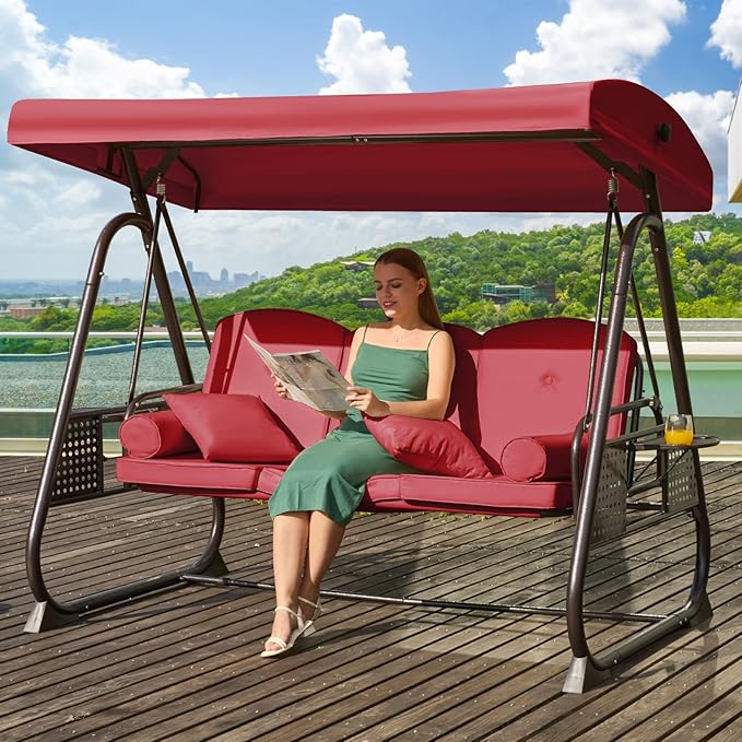 3 in 1 Outdoor Porch Swing with Adjustable Canopy, 3 Seat Outdoor Swing for A...
