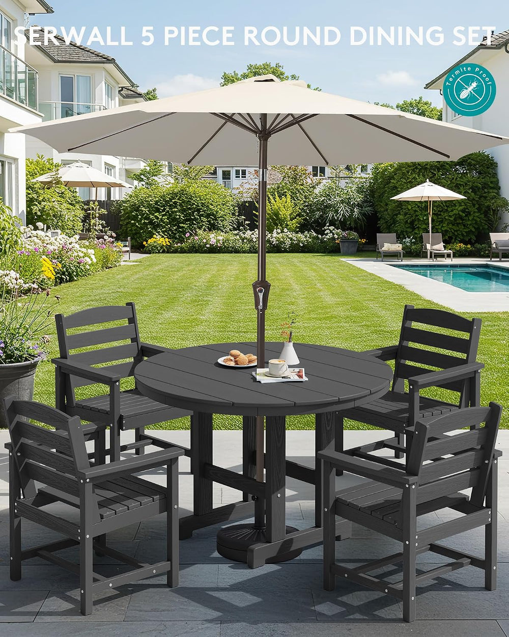 SERWALL 6-Pc Dining Set, 45" Table, 4 Chairs&9FT Umbrella, Black (No...