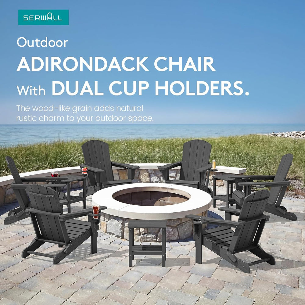 SERWALL Outdoor Adirondack Chairs with 2 Cup Holders,Foldable,Gray