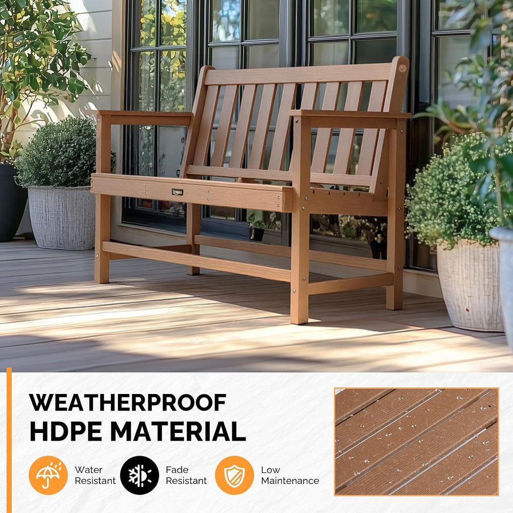 VINGLI 49in HDPE Outdoor Bench with Backrest and Armrests, 2-Person Weatherpr...