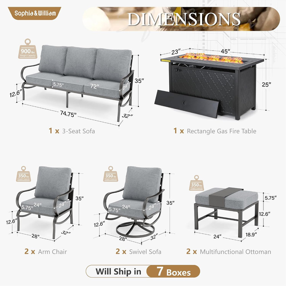 Sophia & William 8 Piece Metal Patio Furniture Set with Fire Pit Table,Gray