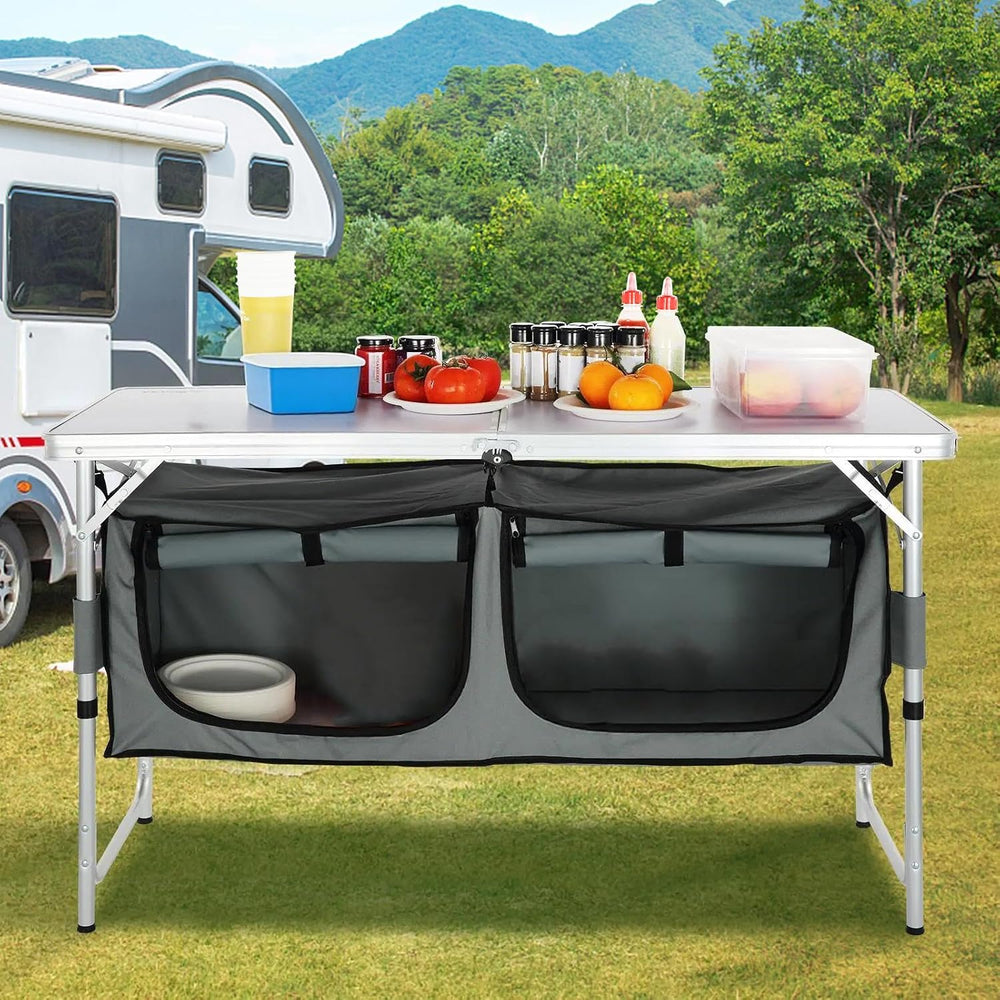 VEVOR Camping Kitchen Station, 3 Adjustable Height Folding Outdoor Camp Cooki...