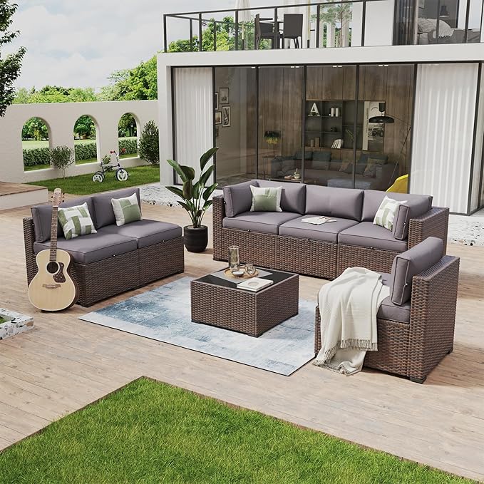 Aoxun 7 Piece Patio Furniture Set Wicker Rattan Patio Conversation Set Outdoor Sectional Sofa Set with Coffee Table and Thickened Cushions, Grey(Waterproof Cover Included)