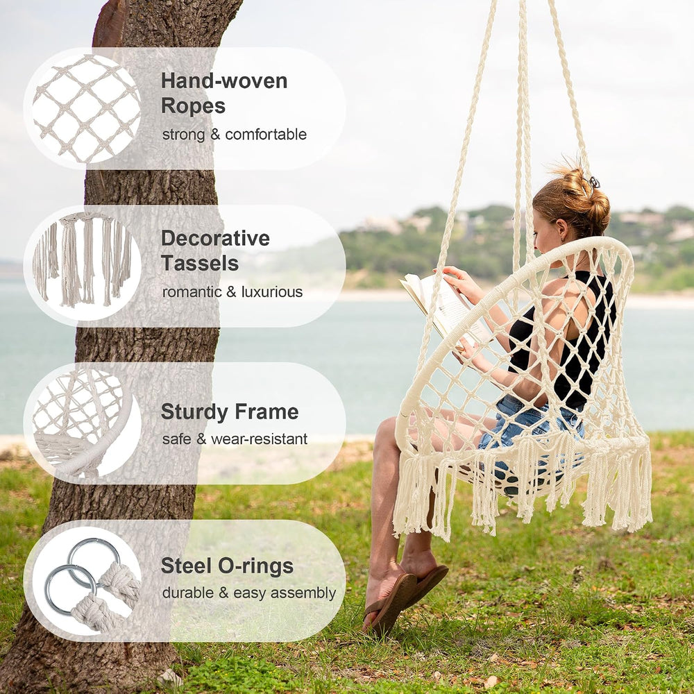 SUNCREAT Hammock Chair Macrame Swing with Side Pocket, Pack of 2, Beige