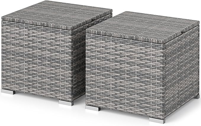 RELAX4LIFE Wicker Outdoor Storage Ottoman - 2-Piece Rattan Footstool w/Remova...