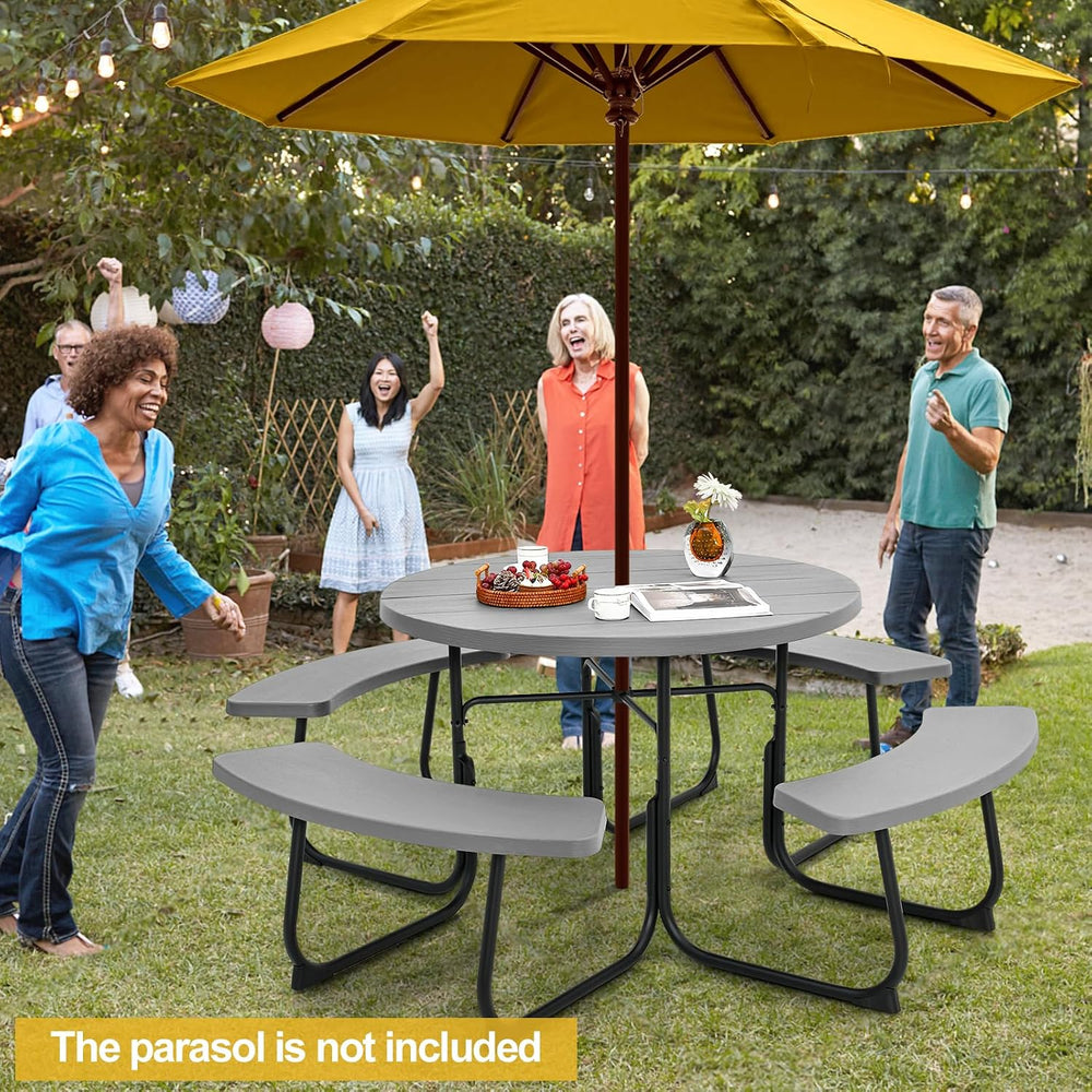 Tangkula 8 Person Round Picnic Table with 4 Built-in Benches, Grey