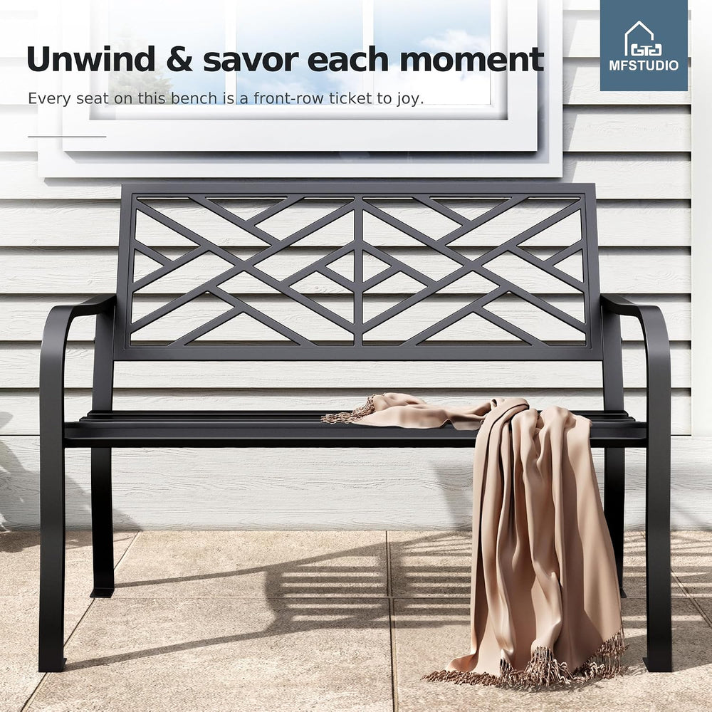 MFSTUDIO 43.7” Cast Iron Outdoor Garden Bench, Geometric Backrest, Black