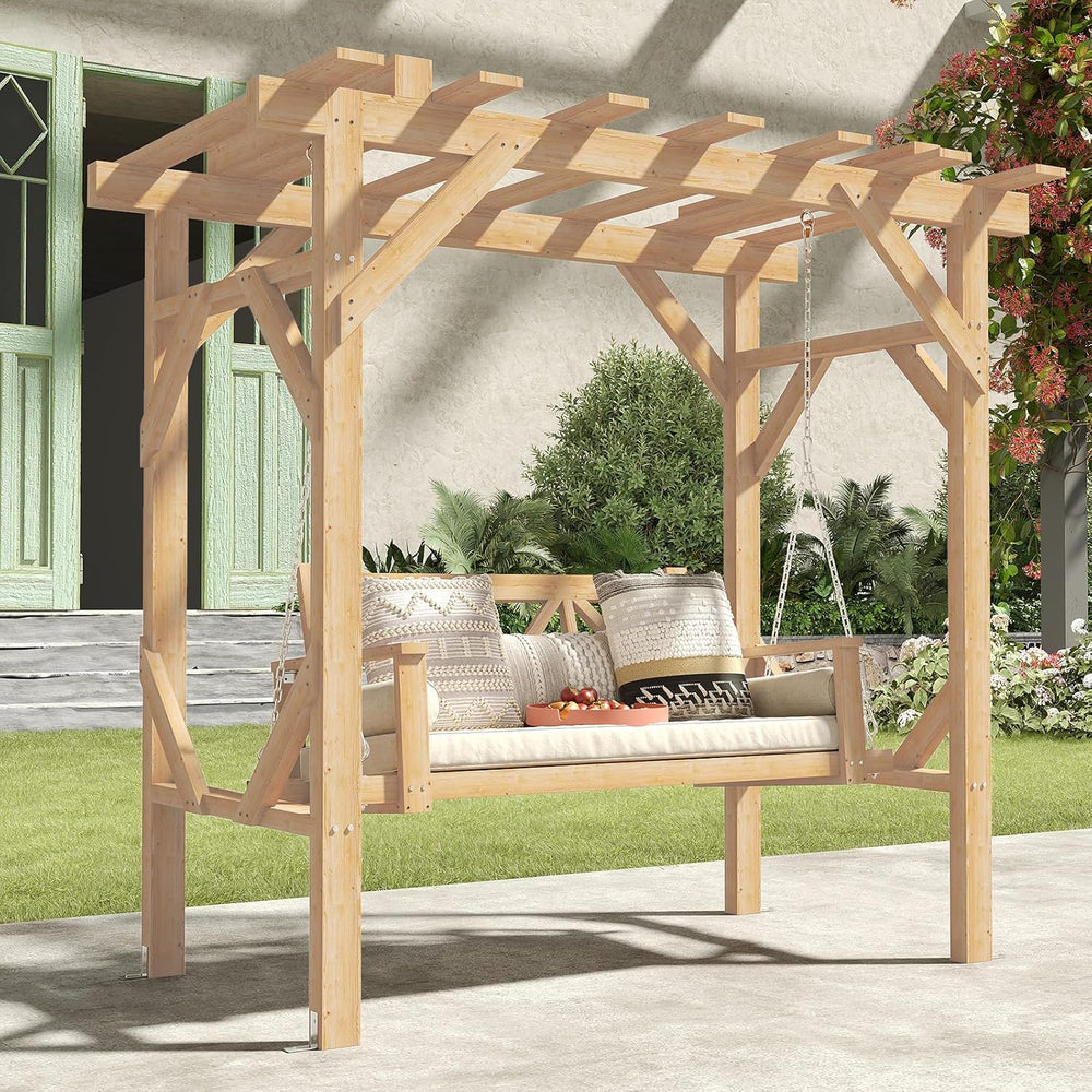 Aoxun Cedar Wood Pergola Porch Swing with 3-Seat Hanging Bench, Natural