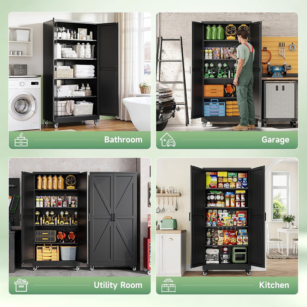 Letaya 75" Metal Garage Storage Cabinet with Wheels,Black Kitchen Pantry