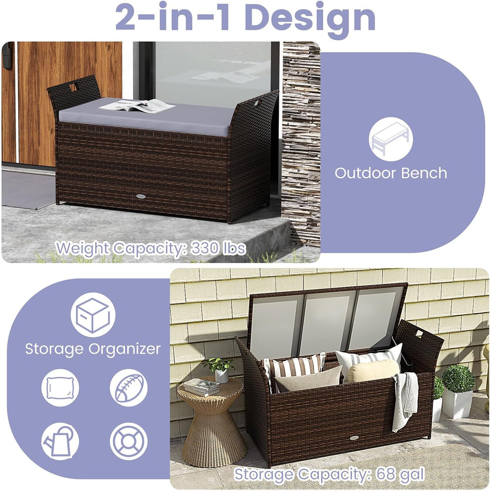 Tangkula 68 Gallon Outdoor Wicker Storage Bench, Patio Storage Box with Hand-...