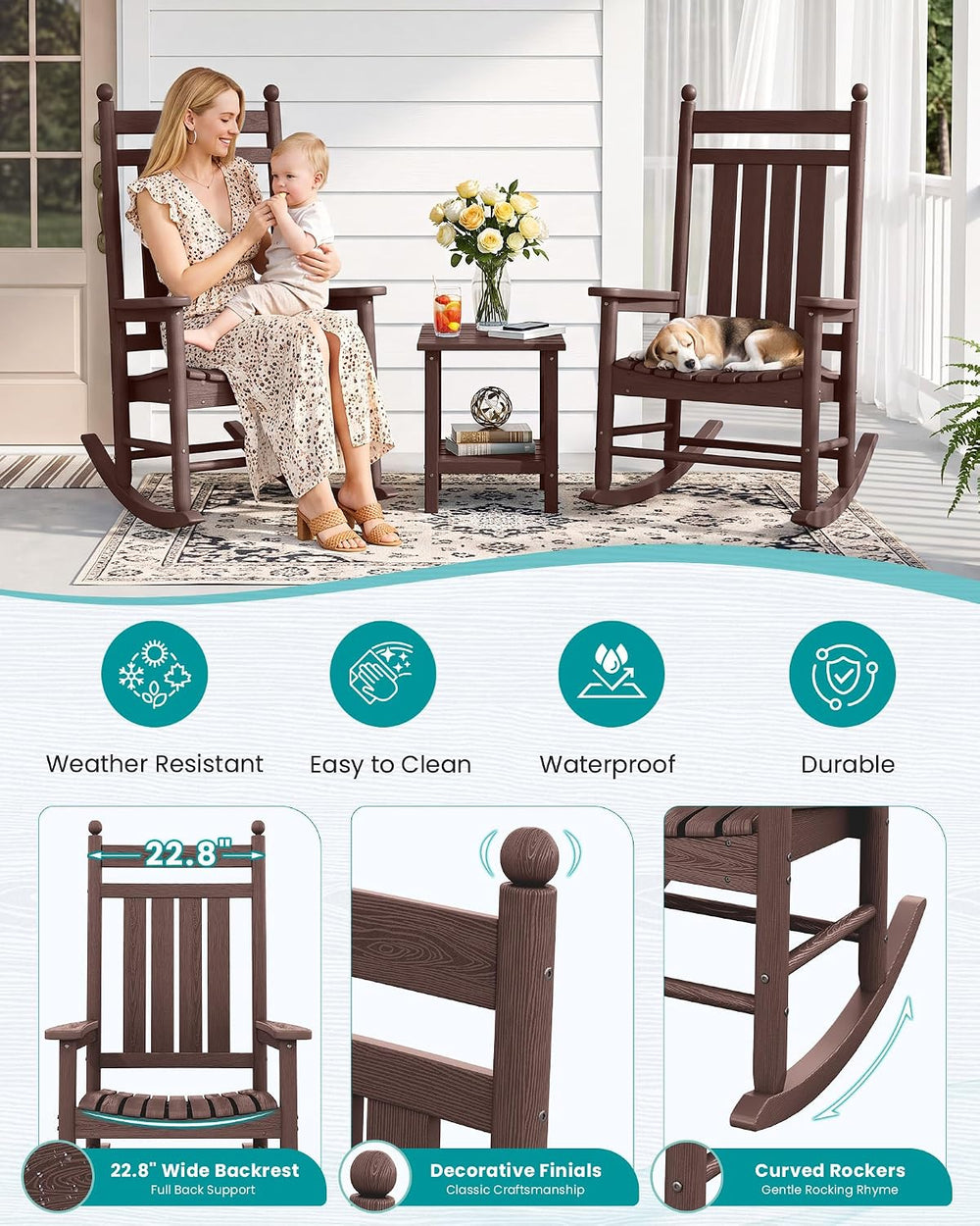 SERWALL Comfortable Outdoor Rocking Chairs Set of 3, Brown