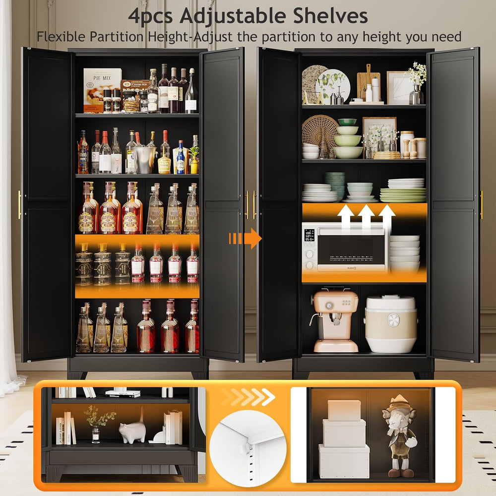 71" Tall Metal Pantry Storage Cabinet with Doors and 4 Adjustable Shelve...